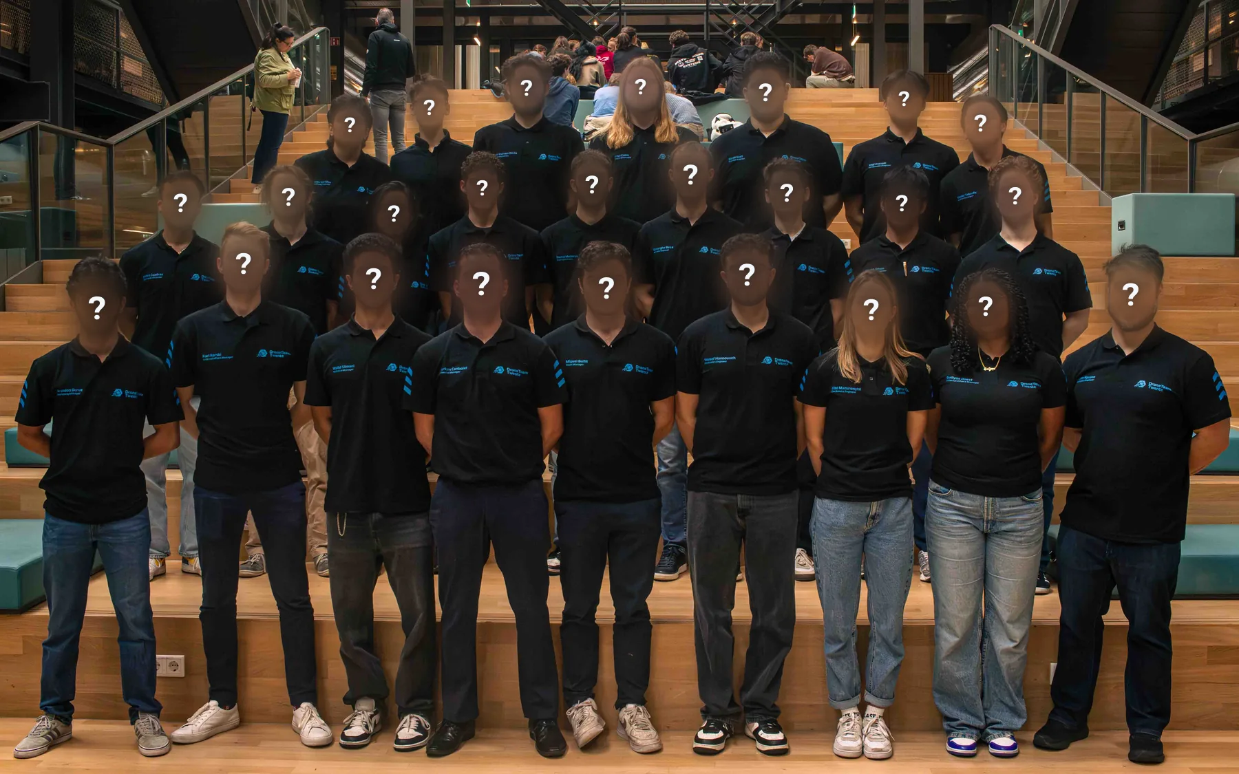 Last year’s team on the stairs at the University of Twente, faces blurred